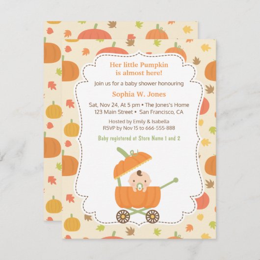 Uitnodigingen voor een babyborrel met pompoenkarre (Voorkant / Achterkant)