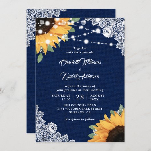 Uitnodigingen voor een bijtende marineblauw en zon (Voorkant / Achterkant)