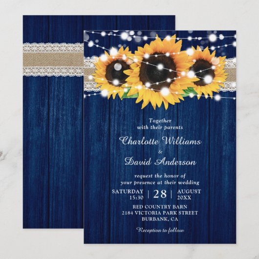 Uitnodigingen voor een bijtende marineblauw en zon (Voorkant / Achterkant)