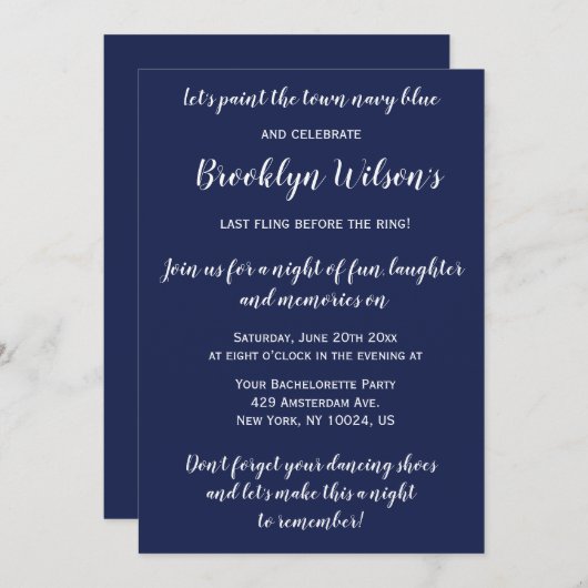 Uitnodigingen voor een bruidsfeest in marineblauw  (Voorkant / Achterkant)