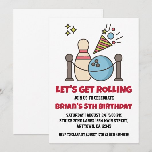 Uitnodigingen voor een cool bowlingfeest (Voorkant / Achterkant)