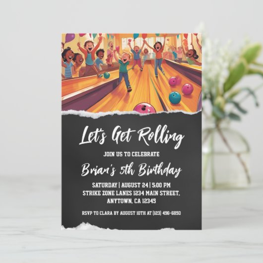 Uitnodigingen voor een cool bowlingfeest (Staand voorkant)