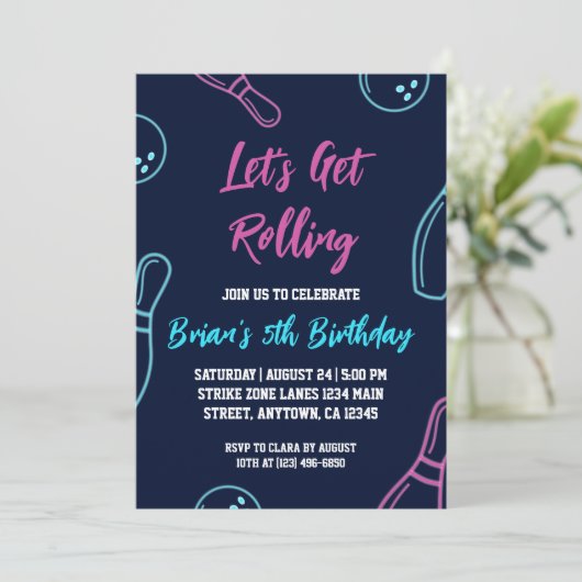 Uitnodigingen voor een cool bowlingfeest (Staand voorkant)