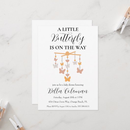Uitnodigingen voor een kleine Butterfly Baby Showe (Voorkant / Achterkant in situ)