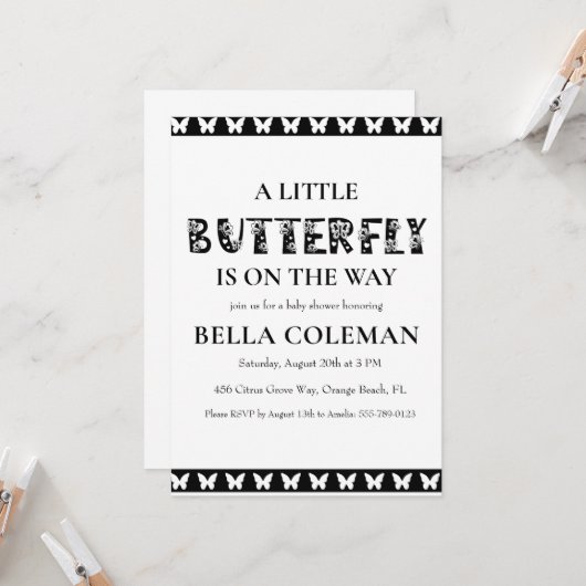 Uitnodigingen voor een kleine Butterfly Baby Showe (Voorkant / Achterkant in situ)