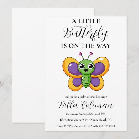 Uitnodigingen voor een kleine Butterfly Baby Showe (Voorkant / Achterkant)