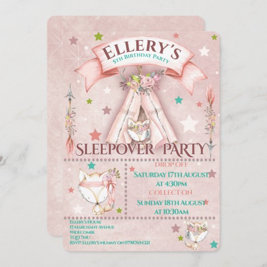 Uitnodigingen voor een logeerpartij | Verjaardag S (Voorkant / Achterkant)