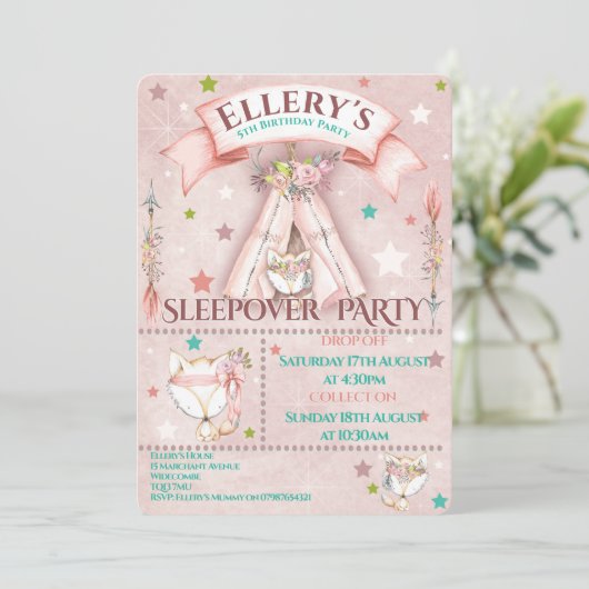 Uitnodigingen voor een logeerpartij | Verjaardag S (Staand voorkant)