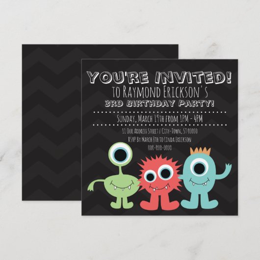 Uitnodigingen voor een Monster-thema verjaardagsfe (Voorkant / Achterkant)