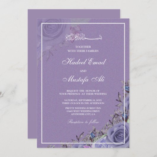 Uitnodigingen voor een Paarse bloemige moslimbruil (Voorkant / Achterkant)