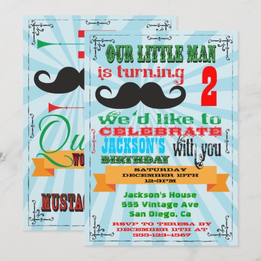 Uitnodigingen voor een snor verjaardagsfeestje (Voorkant / Achterkant)