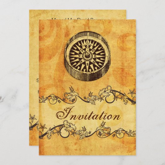 Uitnodigingen voor een trouwe, , compass nautical (Voorkant / Achterkant)