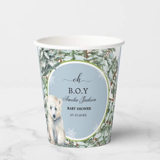 Uitnodigingen voor een winterse baby shower babysh papieren bekers (Voorkant)