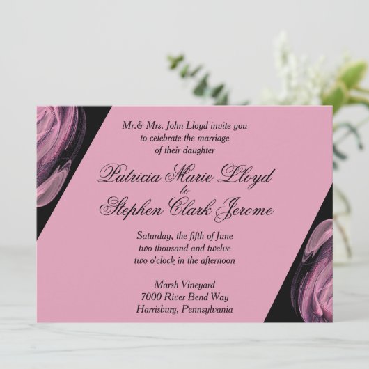 Uitnodigingen voor een zwart en roze modern huweli (Staand voorkant)