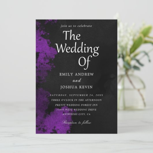 uitnodigingen voor een zwarte en paarse bruiloft (Staand voorkant)