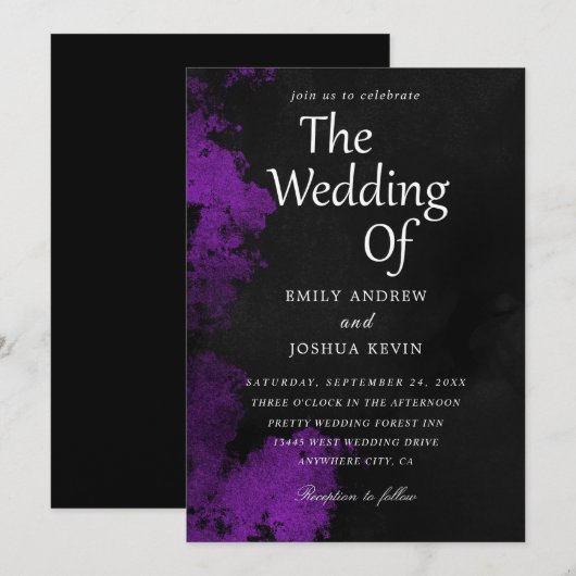 uitnodigingen voor een zwarte en paarse bruiloft (Voorkant / Achterkant)