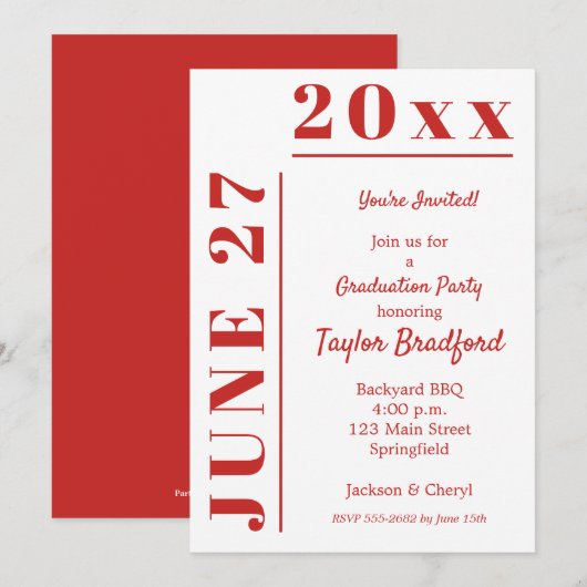 Uitnodigingen voor eindexamenfeest in wit en rood (Voorkant / Achterkant)