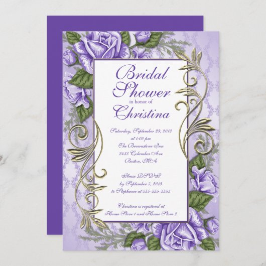 Uitnodigingen voor Elegant Paars Roos Bridal Showe (Voorkant / Achterkant)