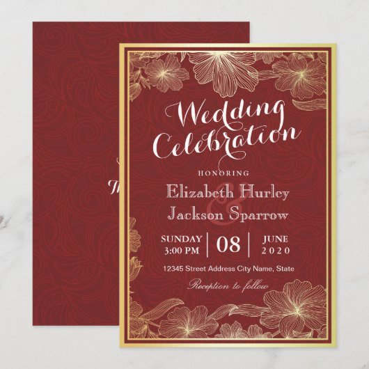 Uitnodigingen voor Elegant Red Gold Floral Wedding (Voorkant / Achterkant)