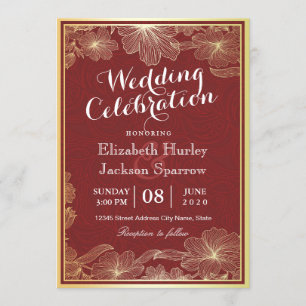 Uitnodigingen voor Elegant Red Gold Floral Wedding