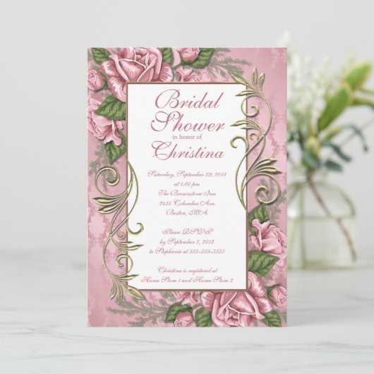 Uitnodigingen voor Elegant roze Rose Bridal Shower (Staand voorkant)