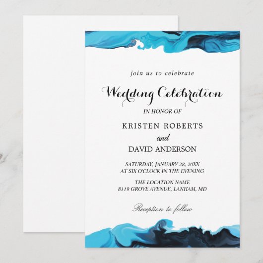 uitnodigingen voor elegante aqua en zwarte bruilof (Voorkant / Achterkant)