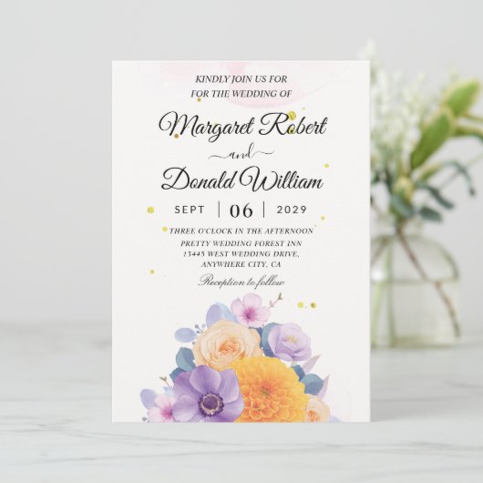 Uitnodigingen voor Floral-oranje en paarse bruilof (Staand voorkant)