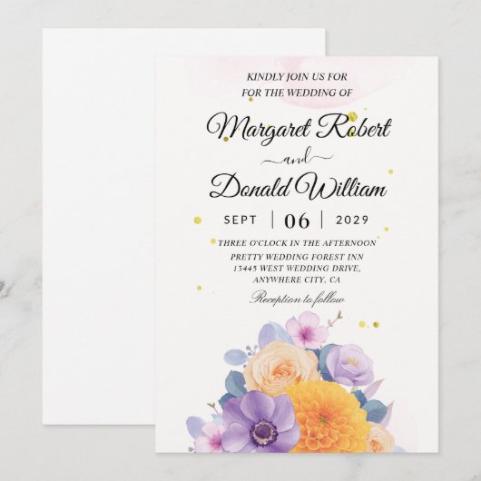 Uitnodigingen voor Floral-oranje en paarse bruilof (Voorkant / Achterkant)