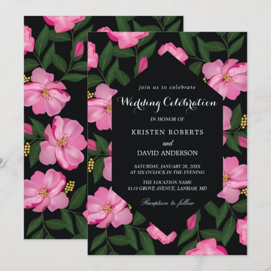 uitnodigingen voor fuschia en zwarte bruiloft (Voorkant / Achterkant)
