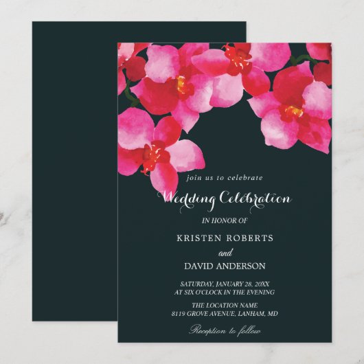 uitnodigingen voor fuschia floral en zwarte bruilo (Voorkant / Achterkant)