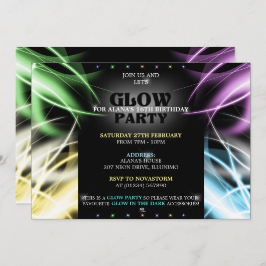 Uitnodigingen voor Glow Party (Voorkant / Achterkant)