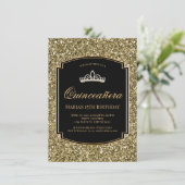 Uitnodigingen voor Gold en Black Glitter Quinceañe (Staand voorkant)