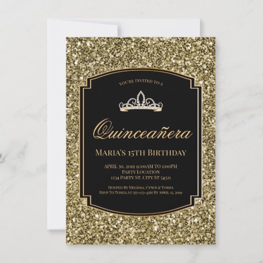 Uitnodigingen voor Gold en Black Glitter Quinceañe (Voorkant)