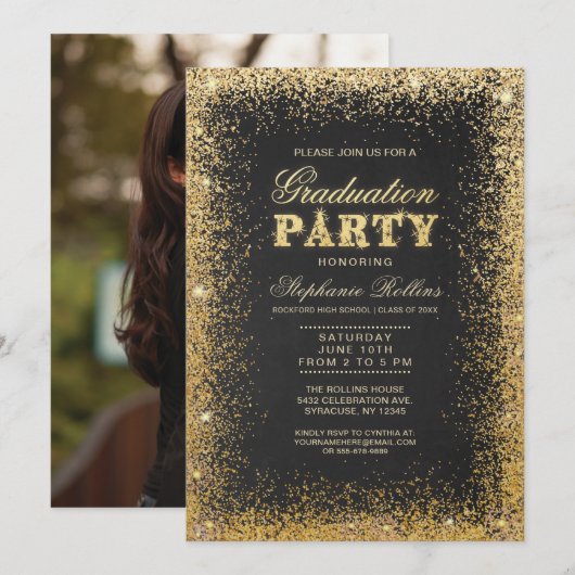 Uitnodigingen voor Gold & Glitter Graduation Party (Voorkant / Achterkant)