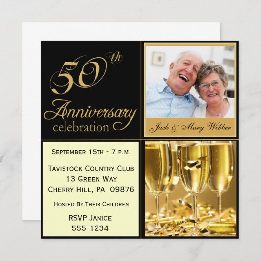 Uitnodigingen voor gouden huwelijksjubileumfeest (Voorkant / Achterkant)
