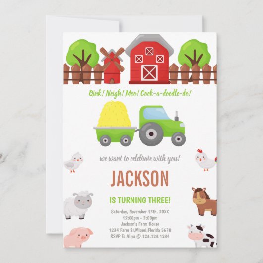 Uitnodigingen voor groene barnyard verjaardag (Voorkant)