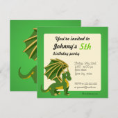 Uitnodigingen voor groene dragon cartoon verjaarda (Voorkant / Achterkant)
