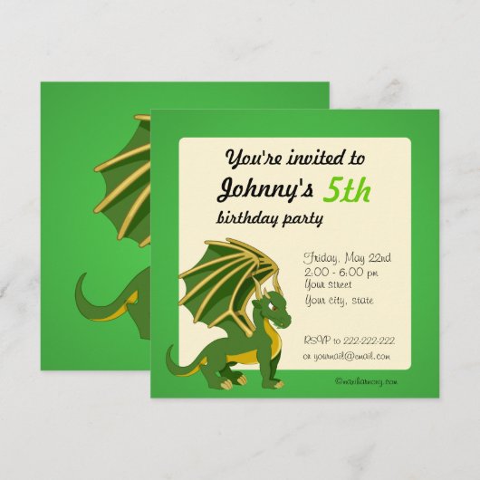Uitnodigingen voor groene dragon cartoon verjaarda (Voorkant / Achterkant)