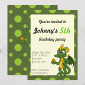 Uitnodigingen voor groene dragon cartoon verjaarda (Voorkant / Achterkant)