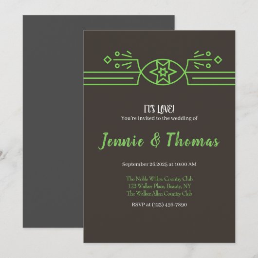 Uitnodigingen voor groene en zwarte bruiloft (Voorkant / Achterkant)