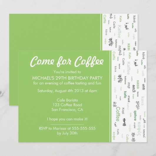 Uitnodigingen voor groene koffieproeverij voor ver (Voorkant / Achterkant)