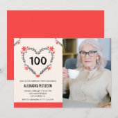 Uitnodigingen voor haar 100ste verjaardag Bloemhar (Voorkant / Achterkant)