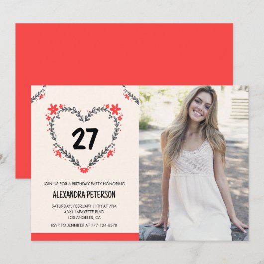 Uitnodigingen voor haar 27e verjaardag Bloemhart (Voorkant / Achterkant)