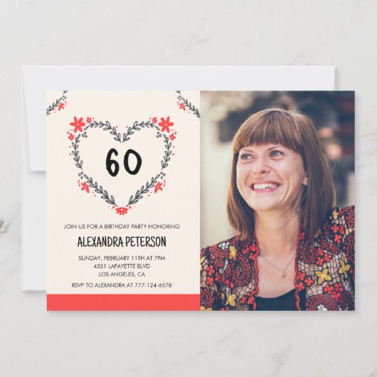 Uitnodigingen voor haar 60e verjaardag Bloemhart (Voorkant)