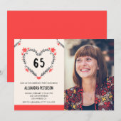 Uitnodigingen voor haar 65e verjaardag Bloemhart (Voorkant / Achterkant)