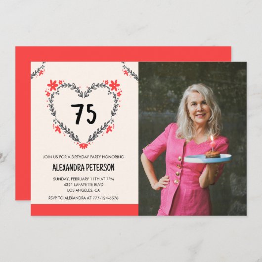 Uitnodigingen voor haar 75e verjaardag Bloemhart (Voorkant / Achterkant)