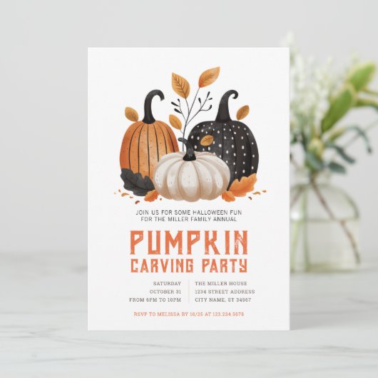 Uitnodigingen voor Halloween pompoensnijfeest (Staand voorkant)