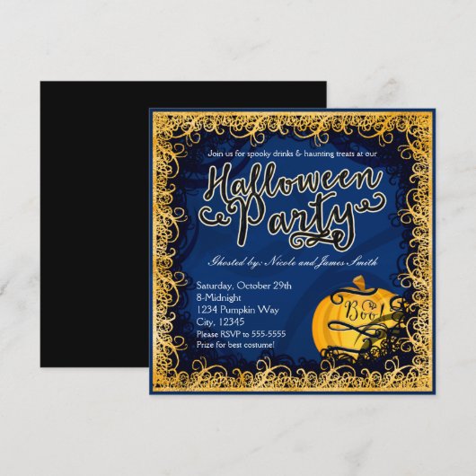 Uitnodigingen voor Halloweenfeest Fun Blauw & Oran (Voorkant / Achterkant)