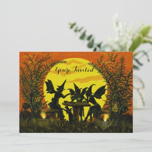 Uitnodigingen voor Halloweenfeest, heks feeën (Staand voorkant)