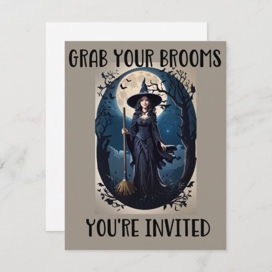 Uitnodigingen voor Halloweenfeest 'Pak je bezems' (Voorkant / Achterkant)